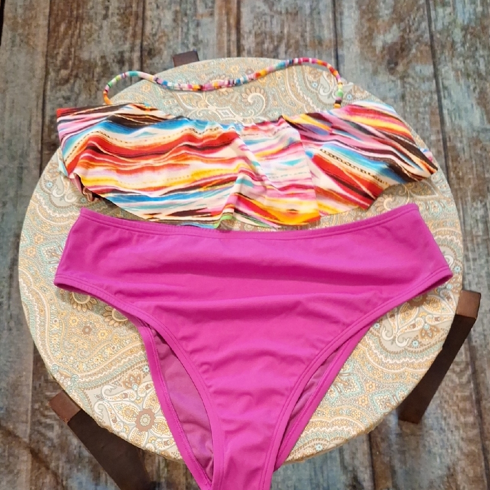 Raisins High Waisted Pink Multicolor Bikini Set. Size Large